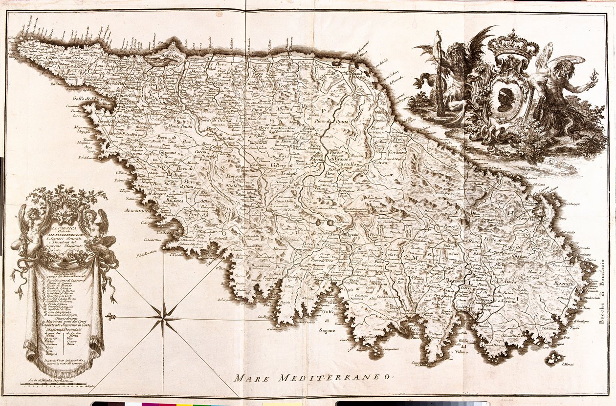 Kaart van Corsica (Frankrijk) (ets) door Guillaume Delisle