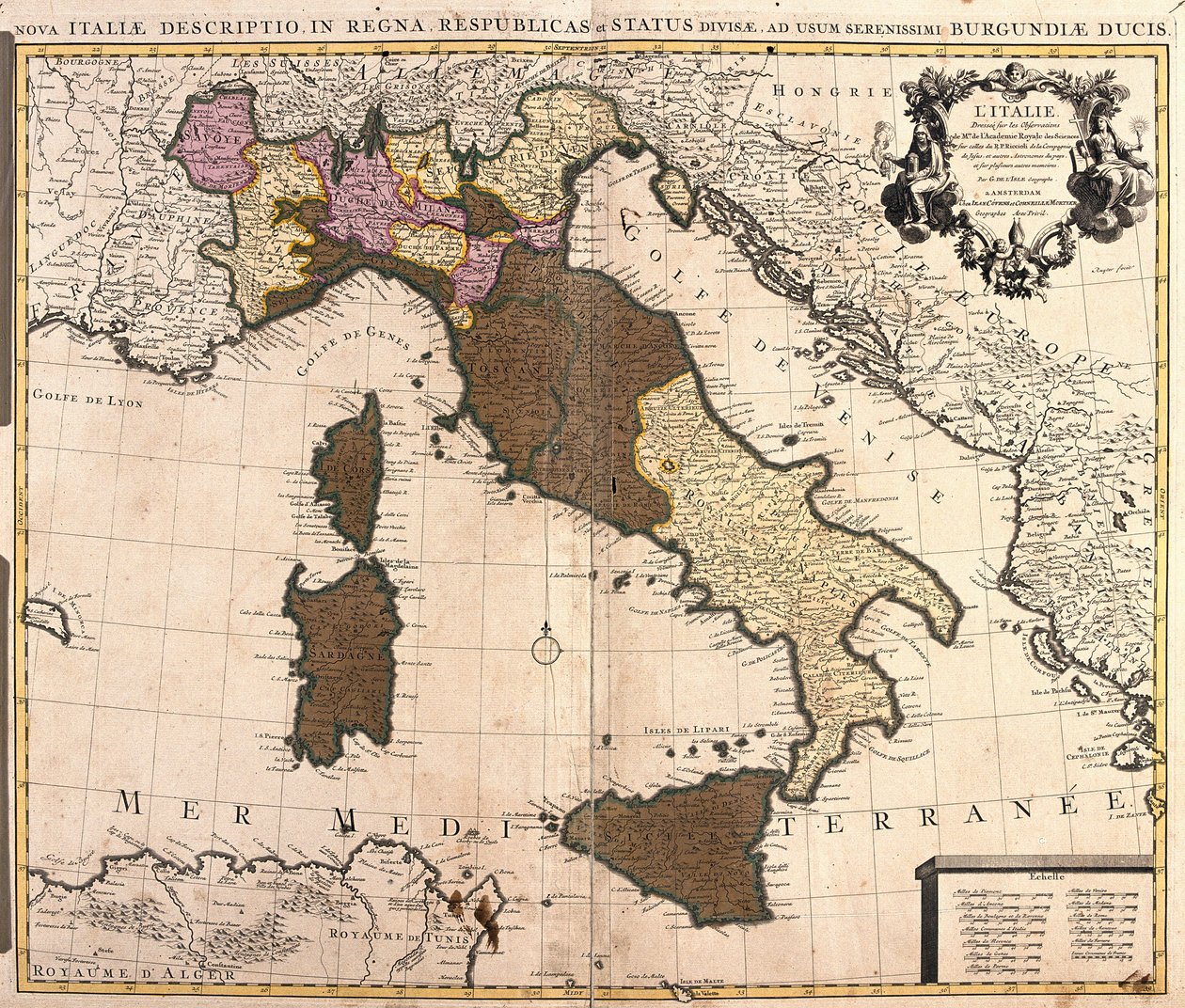 Kaart van Italië, met Corsica, Sardinië en Sicilië (ets) door Guillaume Delisle