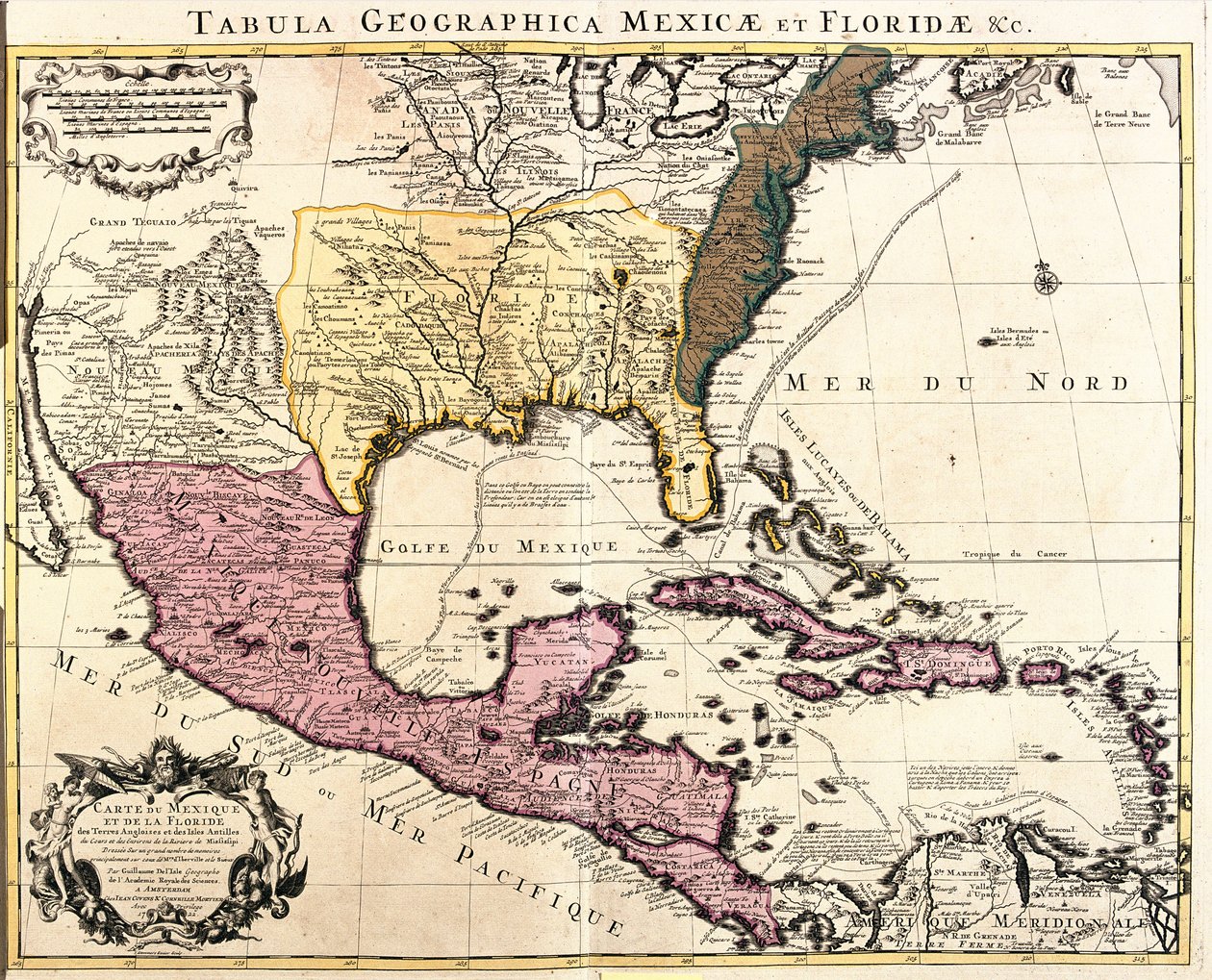 Kaart van Mexico en Florida (VS) met de Caribische Eilanden (Cuba, Haïti, Jamaica, Antillen) (ets) door Guillaume Delisle