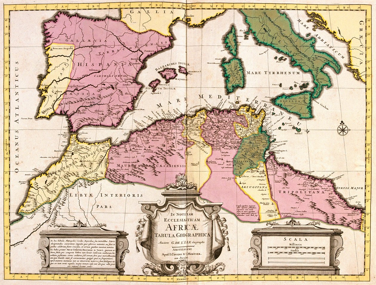 Kaart van Noord-Afrika (Mauretanië, Marokko, Algerije, Tunesië, Libië) en Europa (Spanje, Portugal, Frankrijk, Italië, Griekenland met Balearen, Sardinië, Corsica en Sicilië) (ets) door Guillaume Delisle