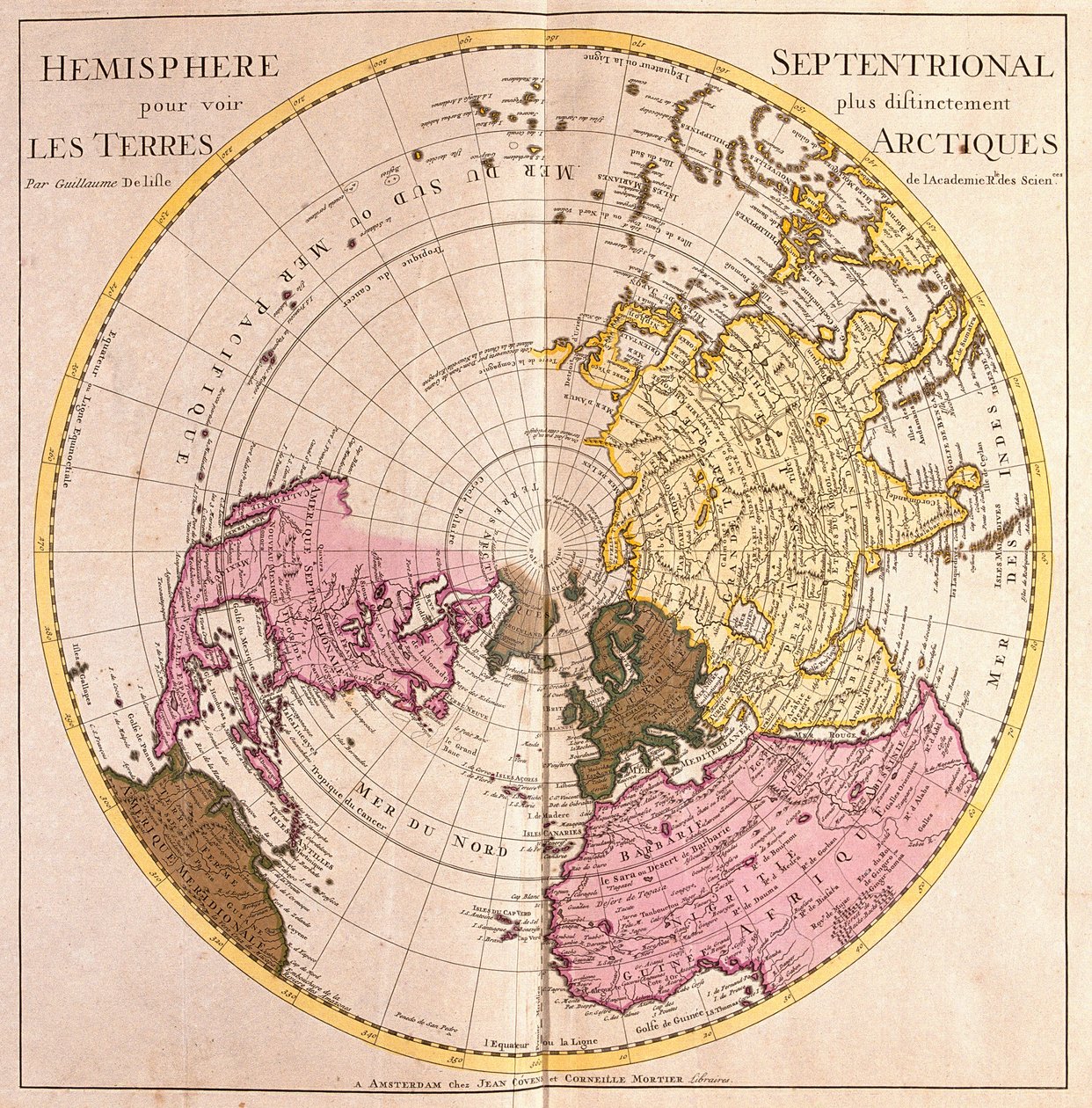 Kaart van het Noordelijk Halfrond, Beschrijving van het Arctische Land (Sterk Water) door Guillaume Delisle