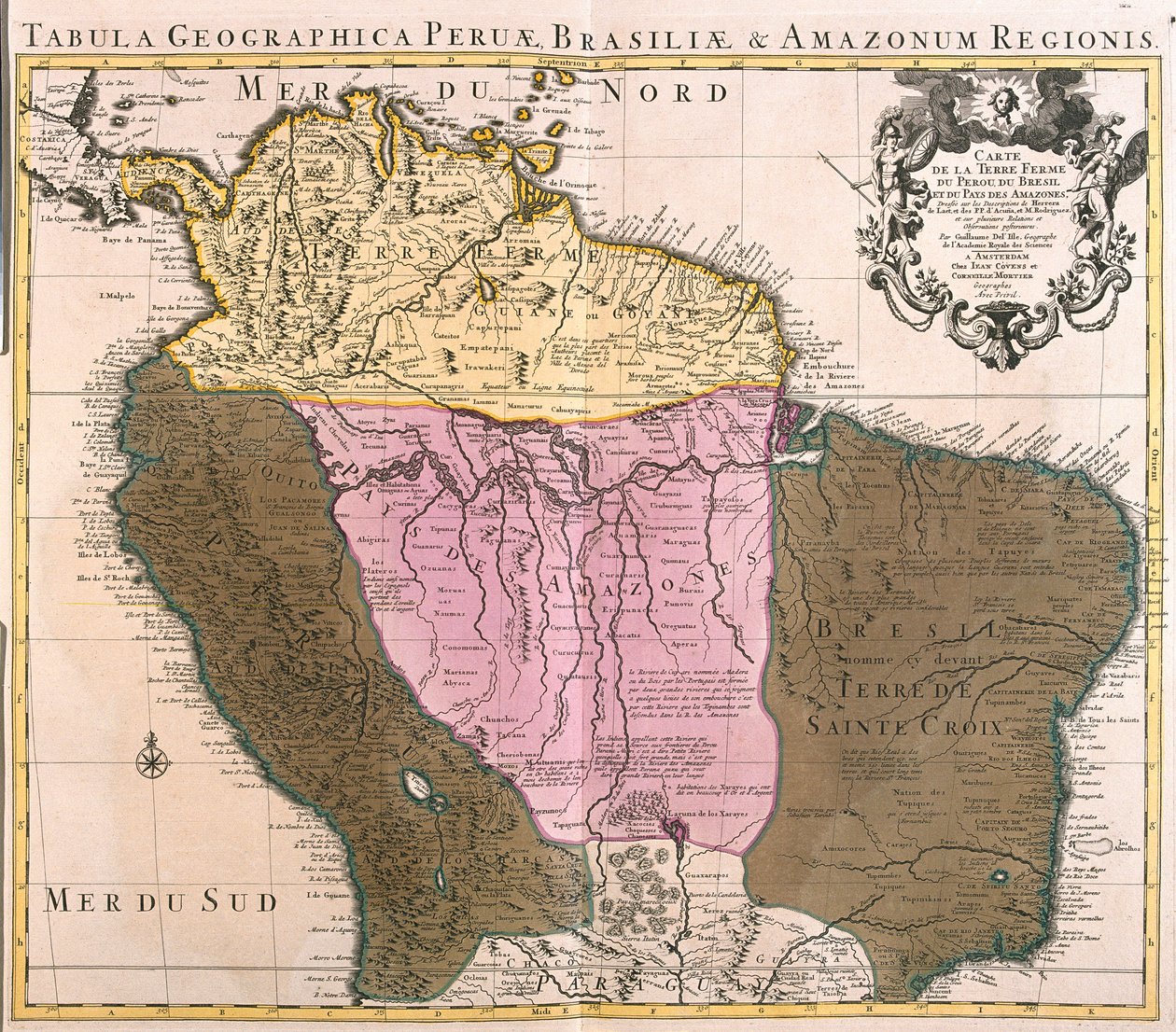 Kaart van Peru, Guyana, Brazilië en de Amazonegebieden (ets) door Guillaume Delisle