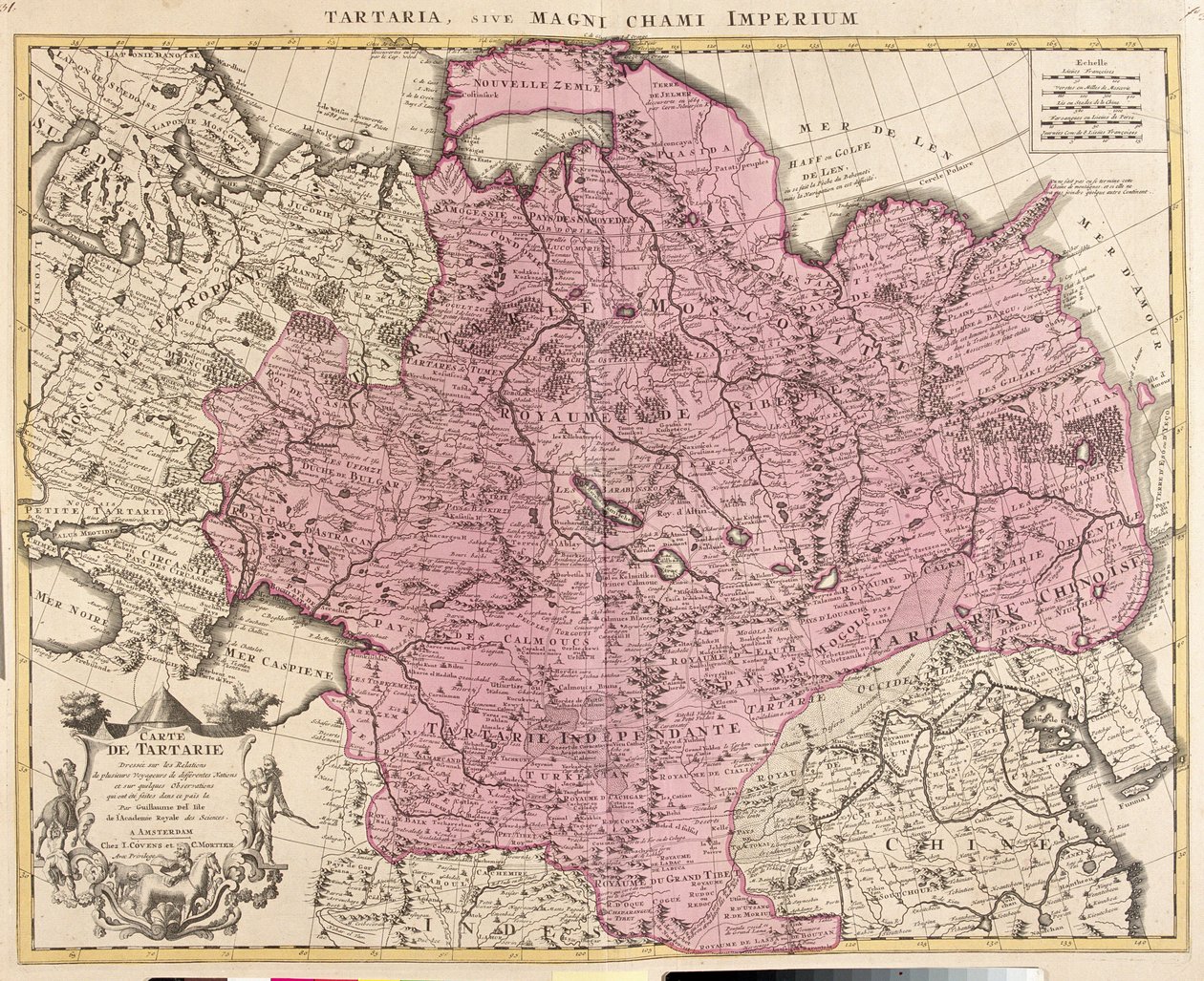 Kaart van Tartaria (Centraal-Azië, Siberië, Turkestan, Mongolië en Mantsjoerije) (ets) door Guillaume Delisle