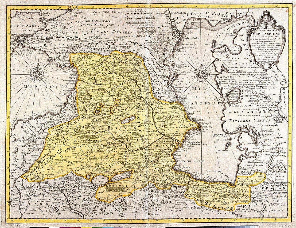 Kaart van naburige landen van de Kaspische Zee (Rusland, Armenië, Perzië, Kazachstan, Turkmenistan) door Guillaume Delisle
