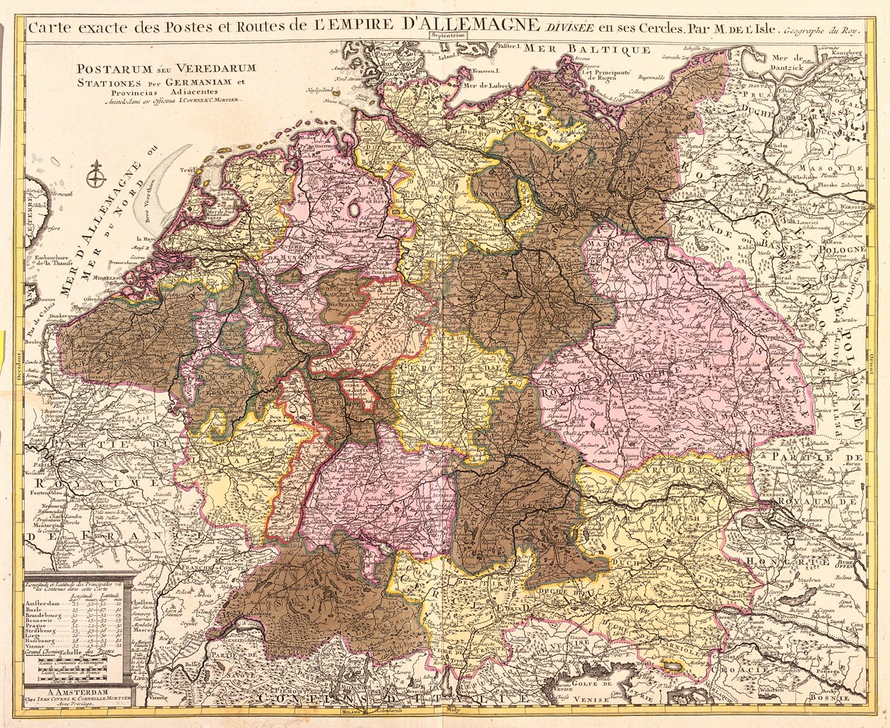 Kaart van wegen en posten van Duitsland (ets) door Guillaume Delisle