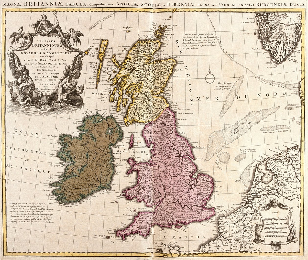 Kaart van de Britse Eilanden, Koninkrijken van Engeland, Schotland en Ierland (ets) door Guillaume Delisle