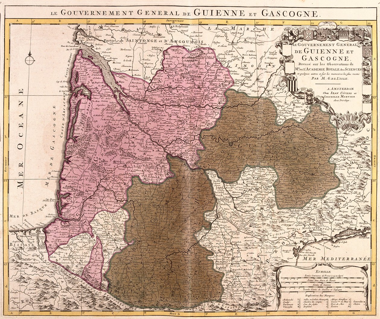 Kaart van het Gouvernement Guyenne en Gascogne (Frankrijk) (ets) door Guillaume Delisle