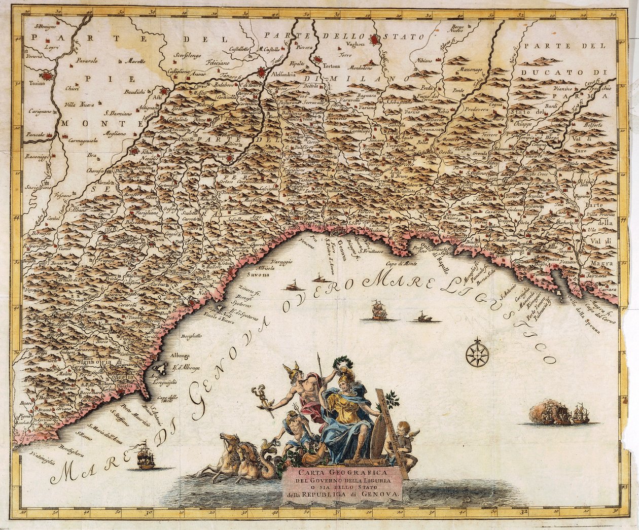Republiek Genua, kaart uit De huidige staat van de wereld, Venetië, kopergravure door Guillaume Delisle