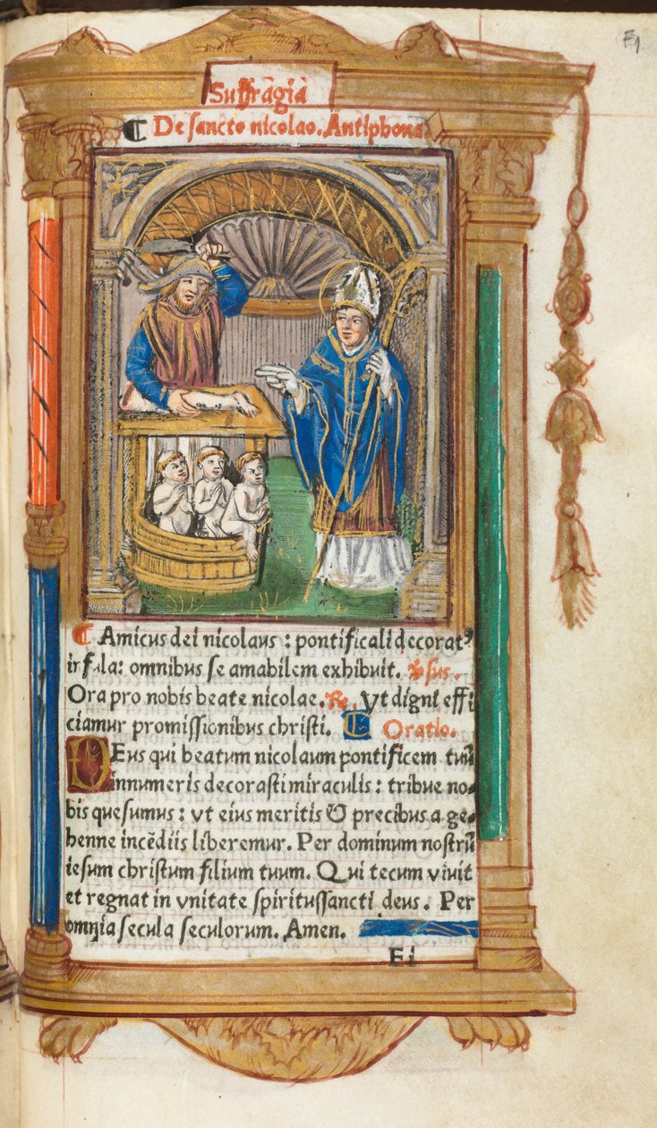 Gedrukt getijdenboek (Gebruik van Rome): fol. 105r, St. Nicolaas door Guillaume Le Rouge