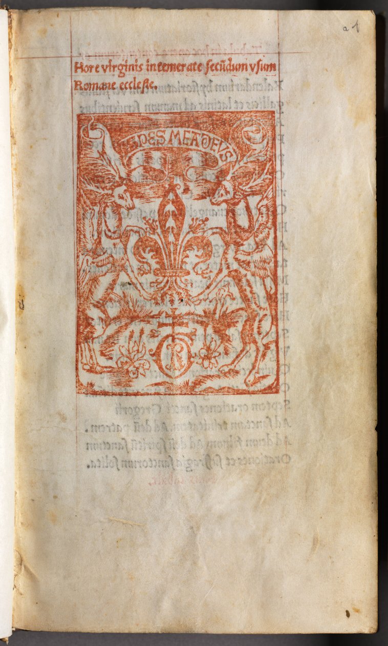 Gedrukt getijdenboek (gebruik van Rome): fol. 1r, Drukkersmerk door Guillaume Le Rouge