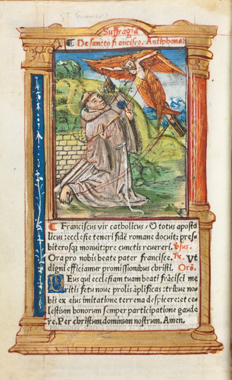 Gedrukt getijdenboek Gebruik van Rome: fol. 106v, St. Franciscus van Assisi, 1510 door Guillaume Le Rouge