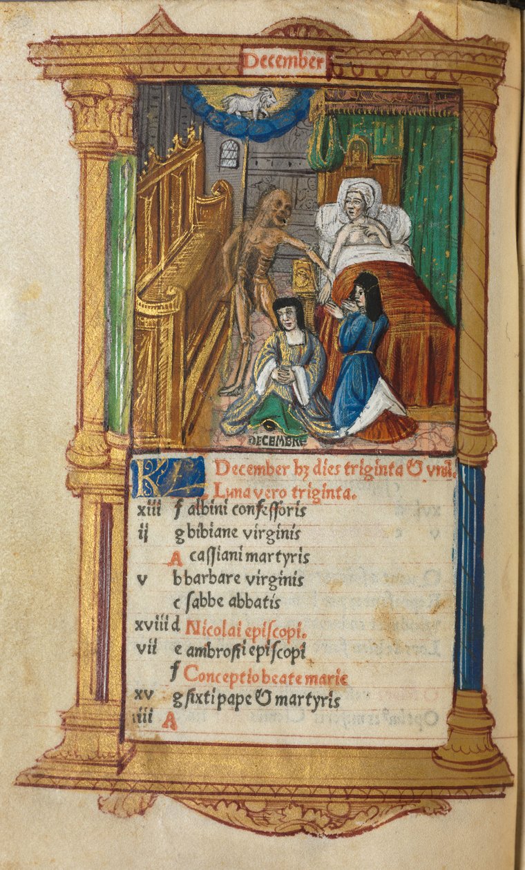 Gedrukt getijdenboek Gebruik van Rome: fol. 13v, december kalenderpagina, 1510 door Guillaume Le Rouge