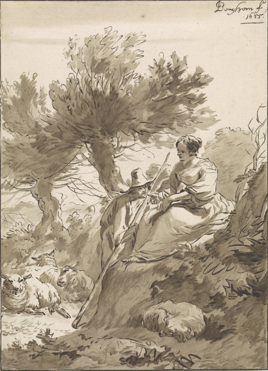 Landschap met herder en herderin en hun schapen door Guillaume Saint