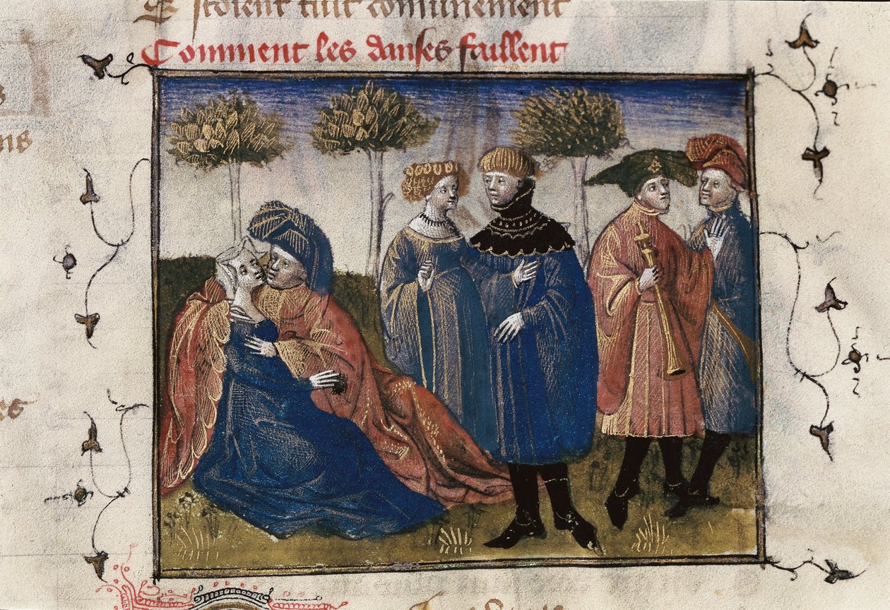 Een galante scène van hovelingen, miniatuur in "Roman de la Rose" door Guillaume Lorris door Guillaume de Lorris