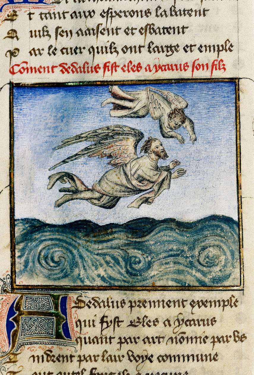 Dedalus en Icarus. Om aan Minos te ontsnappen, spoort Dedalus zijn zoon Icarus aan om weg te vliegen met zijn wasvleugels. Miniatuur door Guillaume Lorris uit het manuscript 