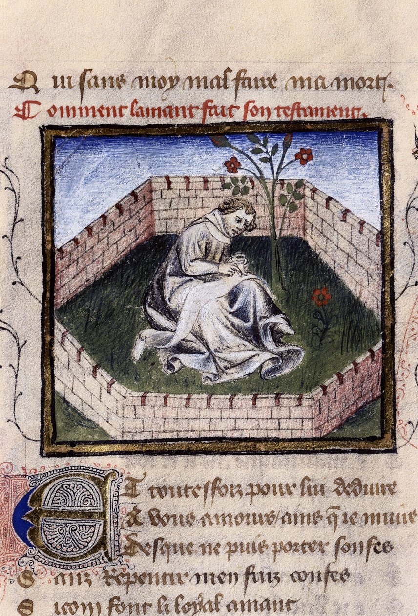 Voorstelling van een jonge jongen verliefd in de tuin der genoegens die de fontein van Narcissus ontdekt, miniatuur in 