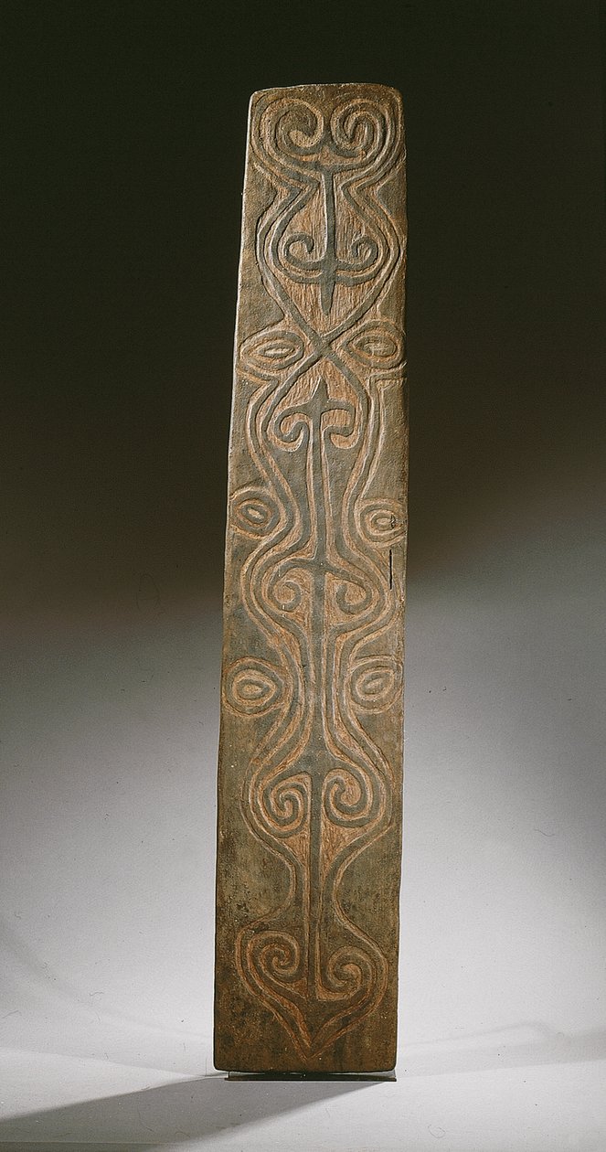 Rechthoekige Nieuw-Guinea-schild, versierd met gesneden scrolls in reliëf, de achterkant met zes gesneden lussen om rotan lussen vast te houden, April River door Guinean New