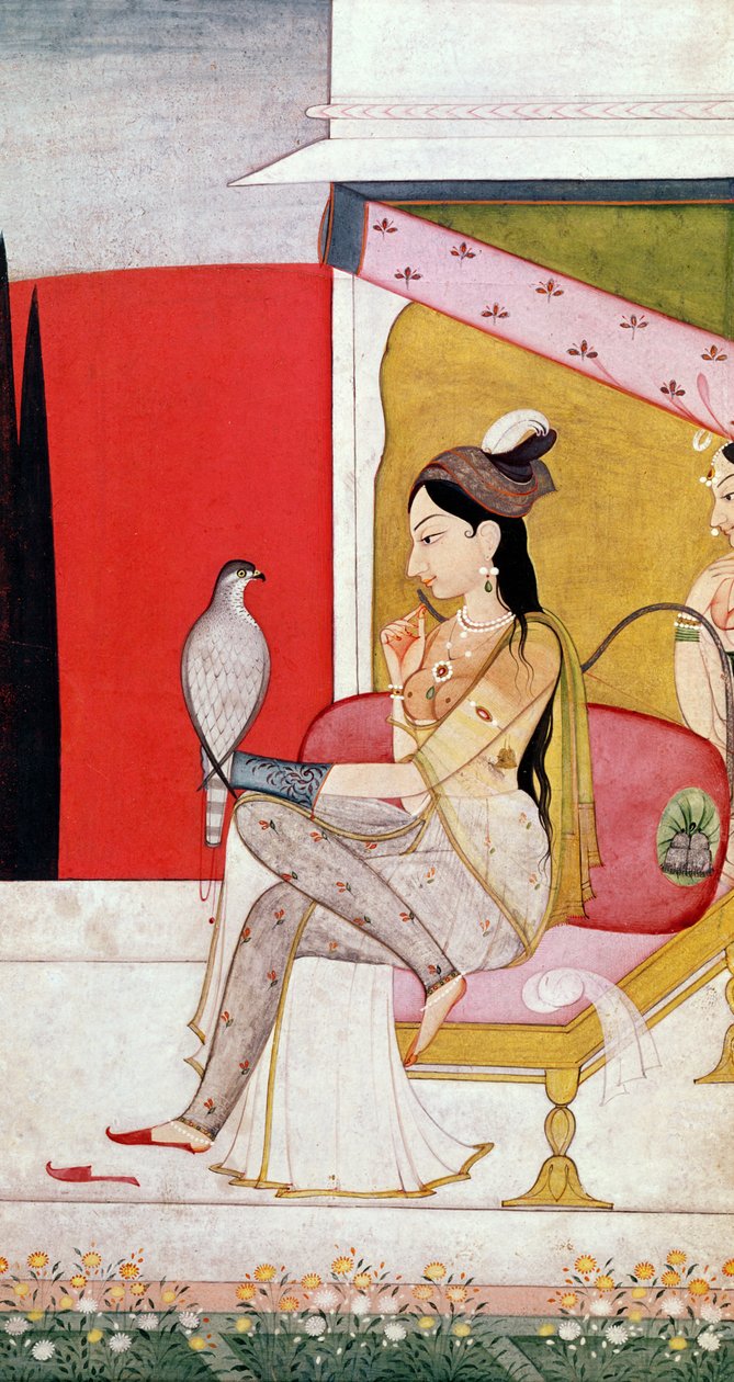 Dame met een havik, Pahari-stijl, Punjab Hills, ca.1750 door Guler School