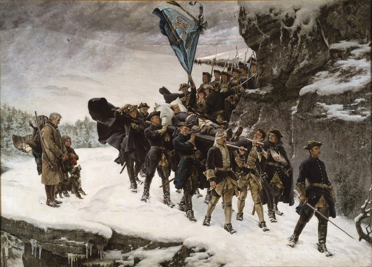 Het lichaam van koning Karel XII van Zweden naar huis brengen door Gustaf Cederström