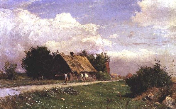 Een bebost landschap met figuren bij een huisje door Gustaf Fredrik Rydberg