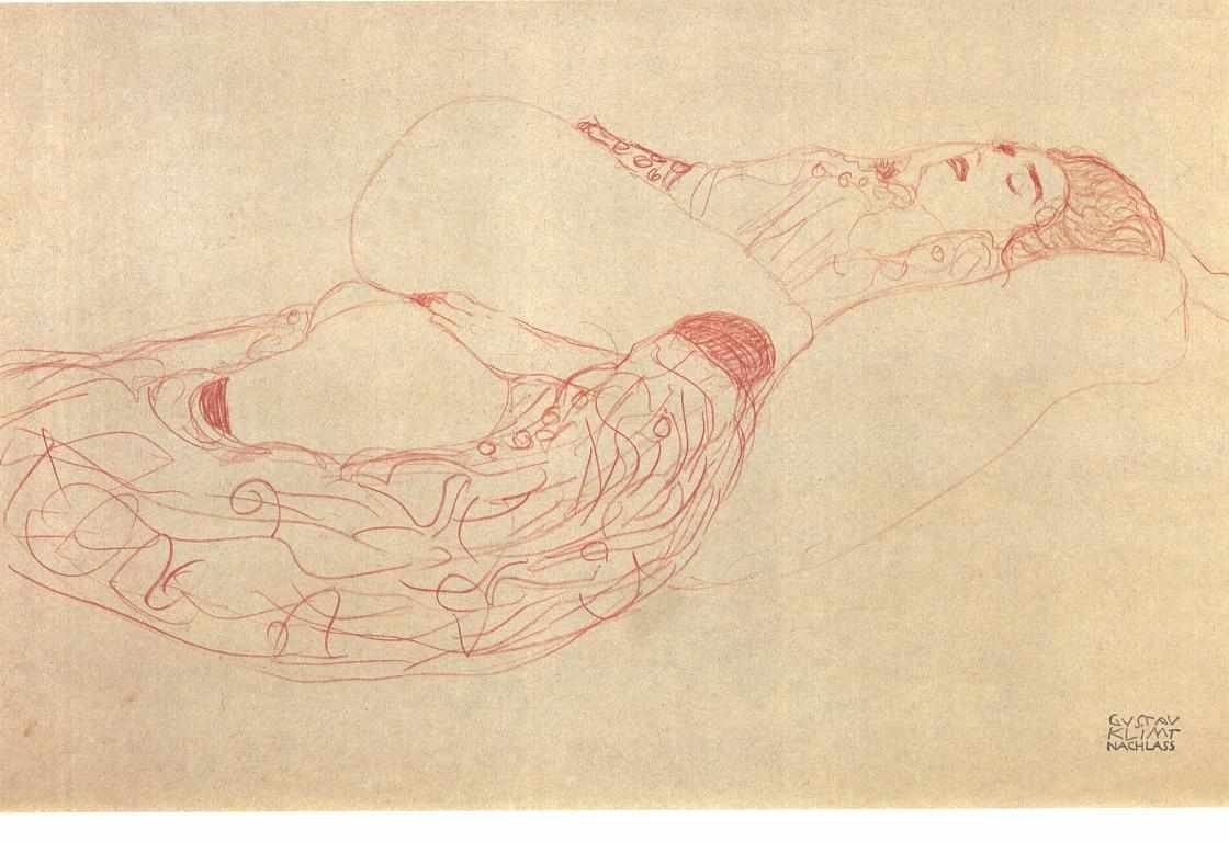 Liggende vrouwelijke halfnaakt door Gustav Klimt