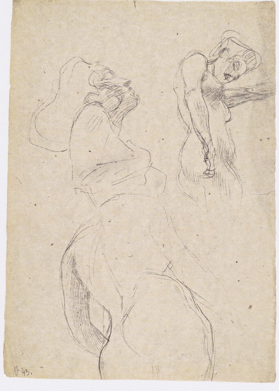 Drie studies van een staande vrouw naar rechts door Gustav Klimt
