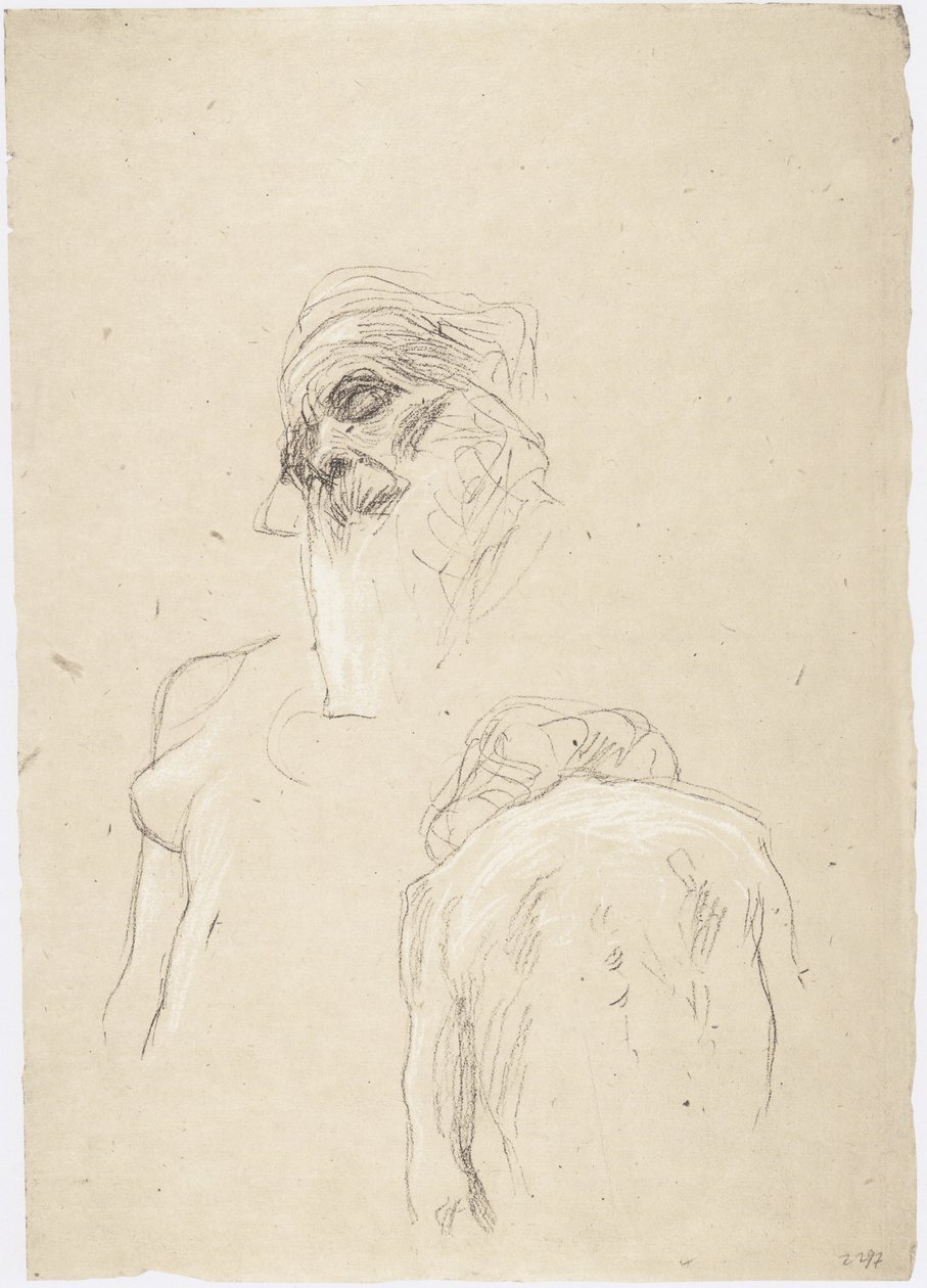 Hoofd van een oude man, zittende vrouwelijke rugnaakt, rechterzijde van een vrouwelijk bovenlichaam door Gustav Klimt