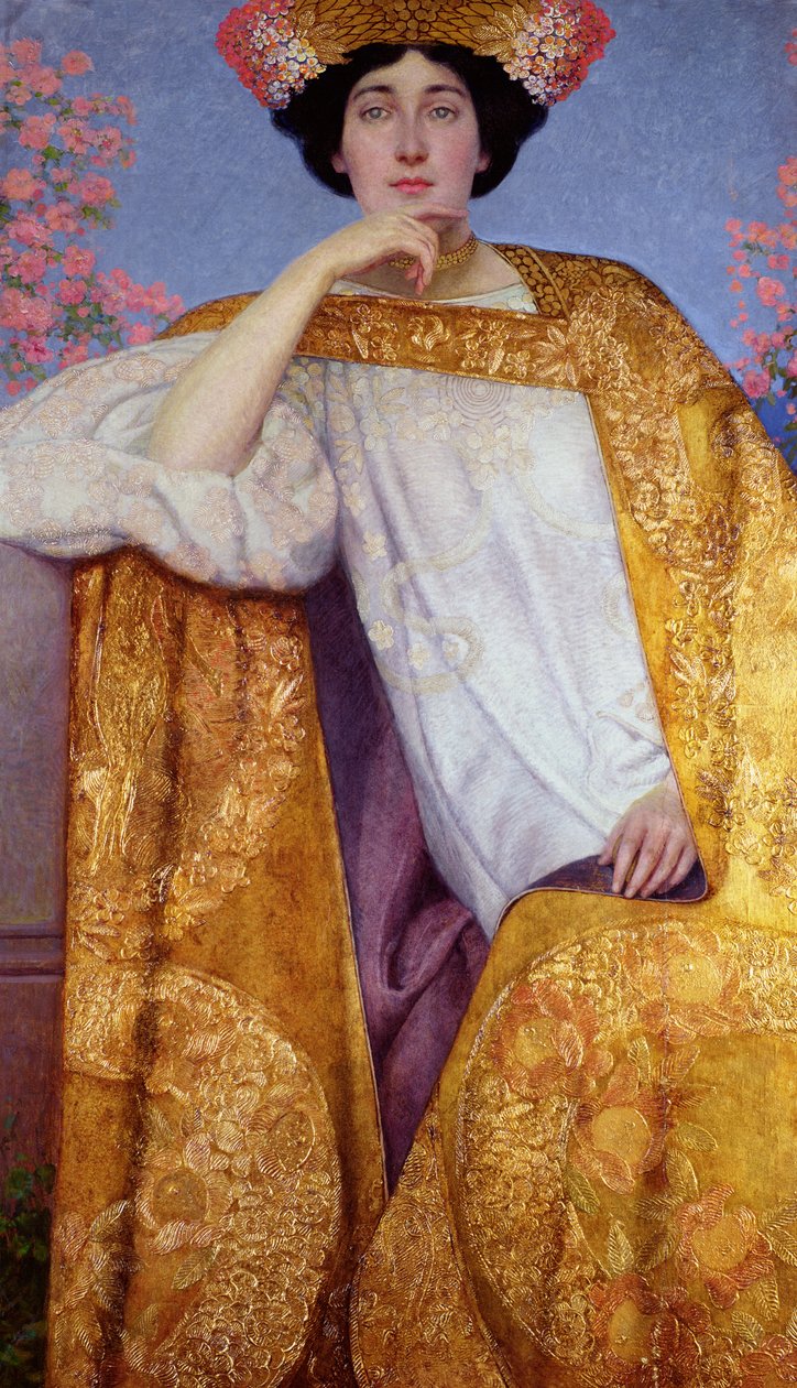 Portret van een vrouw in een gouden jurk, geschilderd in samenwerking met Ernst Klimt (1864-92) Franz Matsch (1861-1942) en zijn studio, 1886-87 door Gustav Klimt