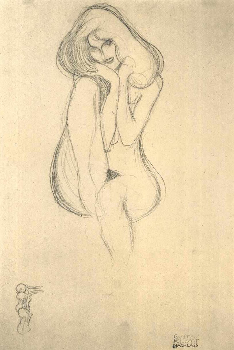 Zittende vrouw naakt van voren door Gustav Klimt