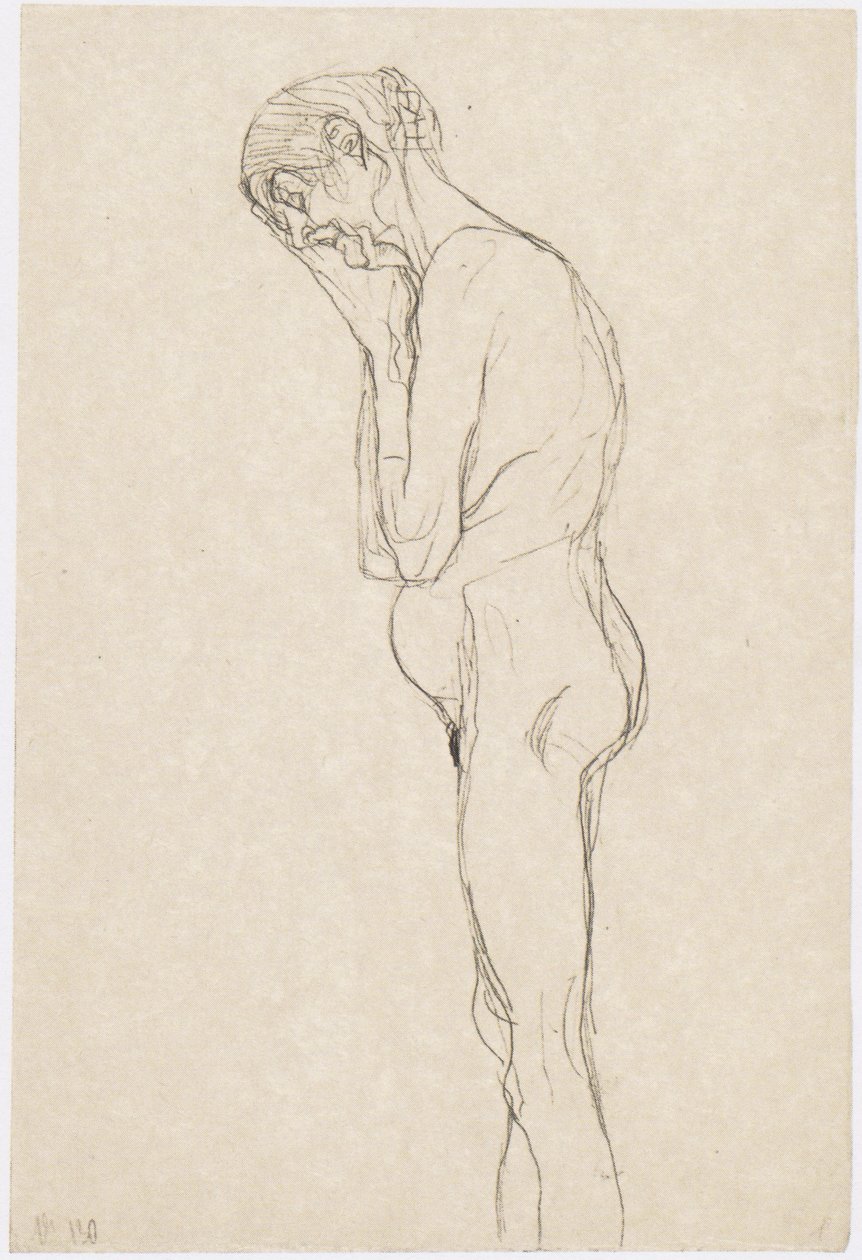 Staande oude vrouw in profiel naar links door Gustav Klimt