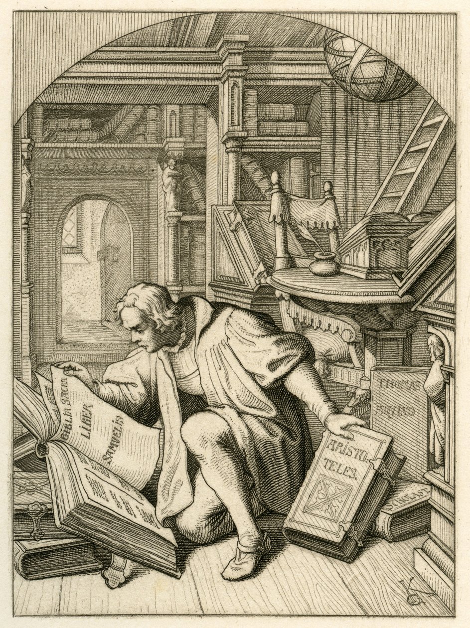 Luther leest in de universiteitsbibliotheek van Erfurt. Hij vond een Latijnse Bijbel door Gustav Ferdinand Leopold Konig