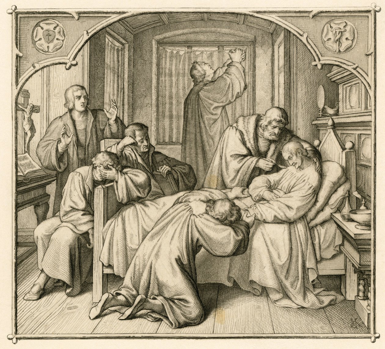 Luthers vriend Philipp Melanchthon (1497-1560) is erg ziek en daarom bidt Luther voor herstel door Gustav Ferdinand Leopold Konig
