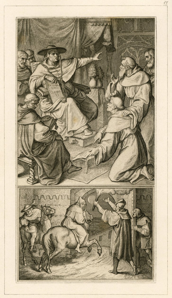 Maarten Luther in discussie met kardinaal Cajetan, Luther moet zijn geschriften herroepen, naast hem zijn vriend Staupitz door Gustav Ferdinand Leopold Konig