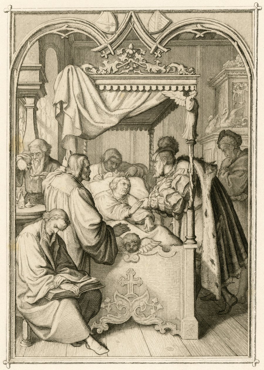 Maarten Luther is erg ziek, de keurvorst Johann Friedrich (Johann Frederic I van Saksen) door Gustav Ferdinand Leopold Konig