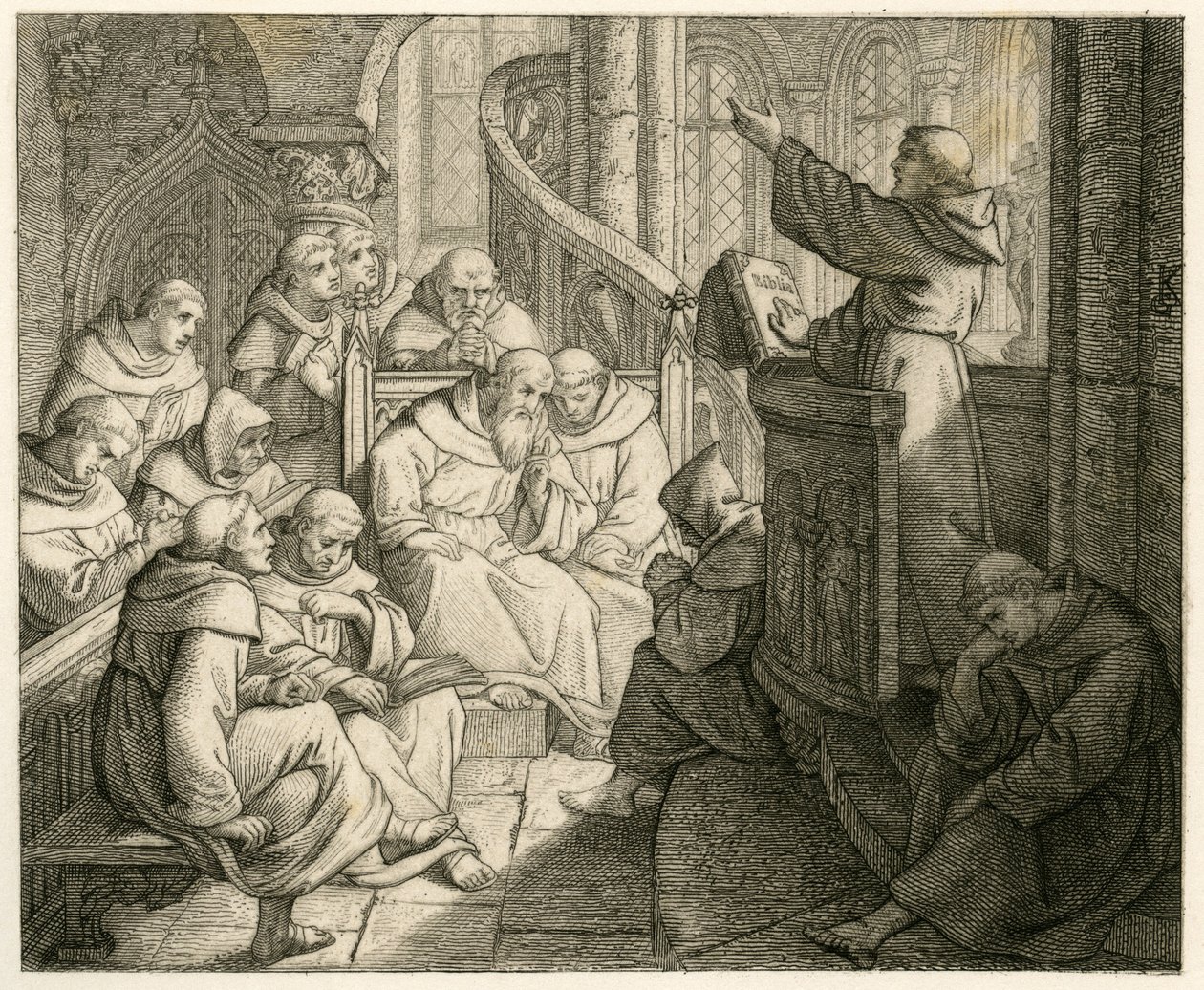 Maarten Luther preekt in het klooster, voor Staupitz, zijn vaderlijke vriend door Gustav Ferdinand Leopold Konig