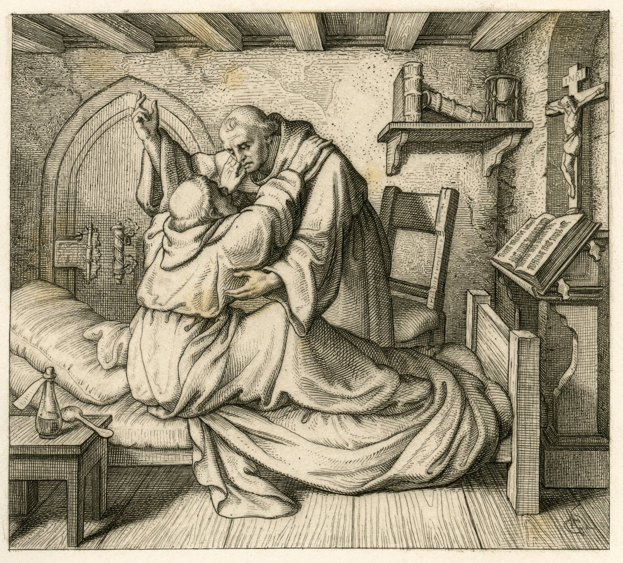 Martin Luther ontvangt troost van een oude monnik, omdat hij uitgeput was door lichaam en geest door Gustav Ferdinand Leopold Konig