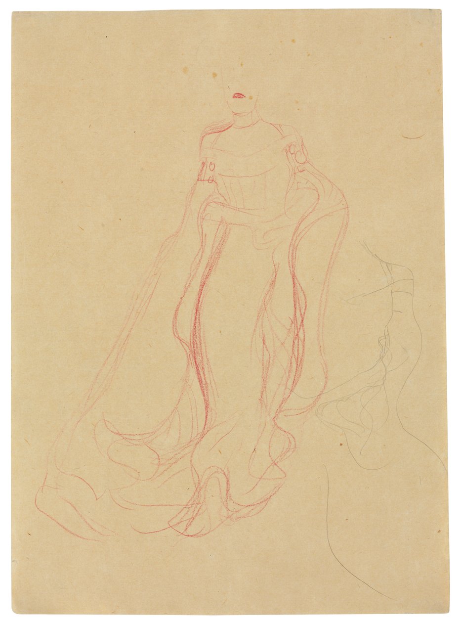 Kostuumstudie met samengevouwen handen, herhaling van de rechterkant, c.1903-04 door Gustav Klimt