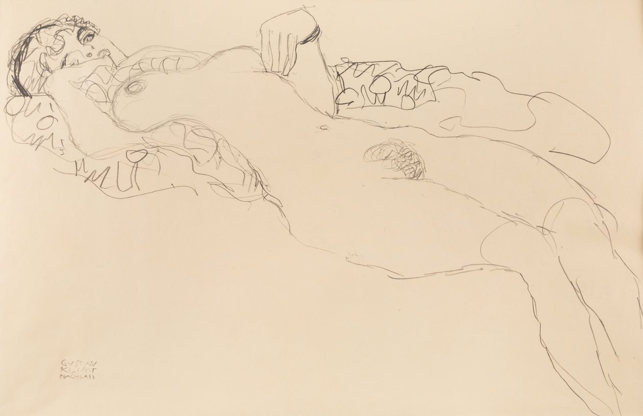 Liggend vrouwelijk naakt, naar links, 1917 door Gustav Klimt