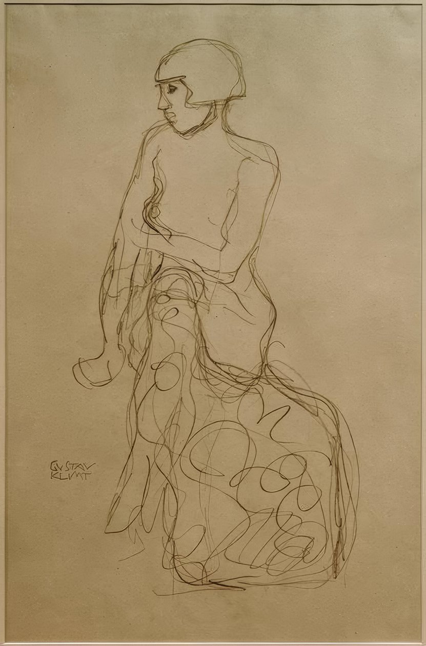 Zittende halfnaakt naar links door Gustav Klimt