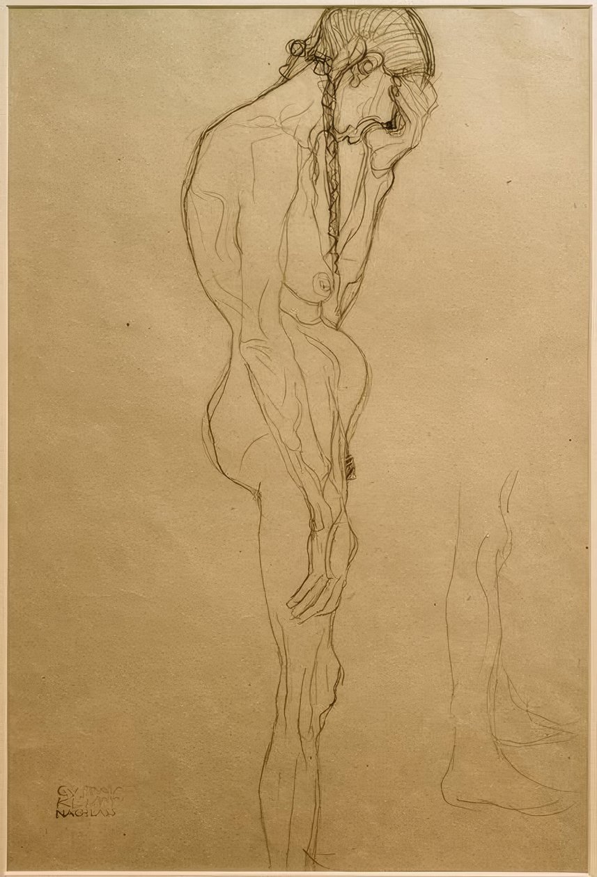 Staande Oude Vrouw in Profiel naar Rechts, Beenstudie door Gustav Klimt