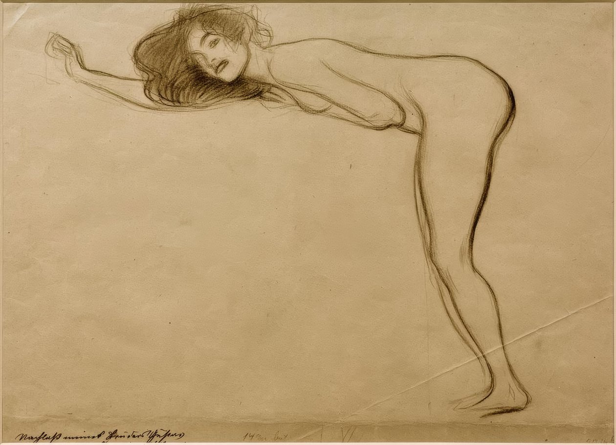 Staand naakt meisje met gebogen lichaam naar links door Gustav Klimt