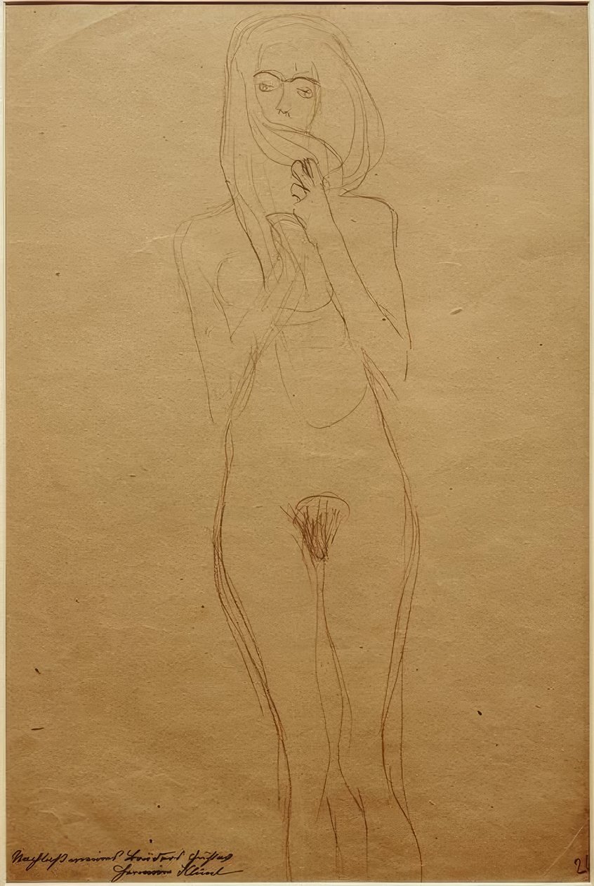 Staande vrouwelijke naakt, mond bedekt door haar door Gustav Klimt