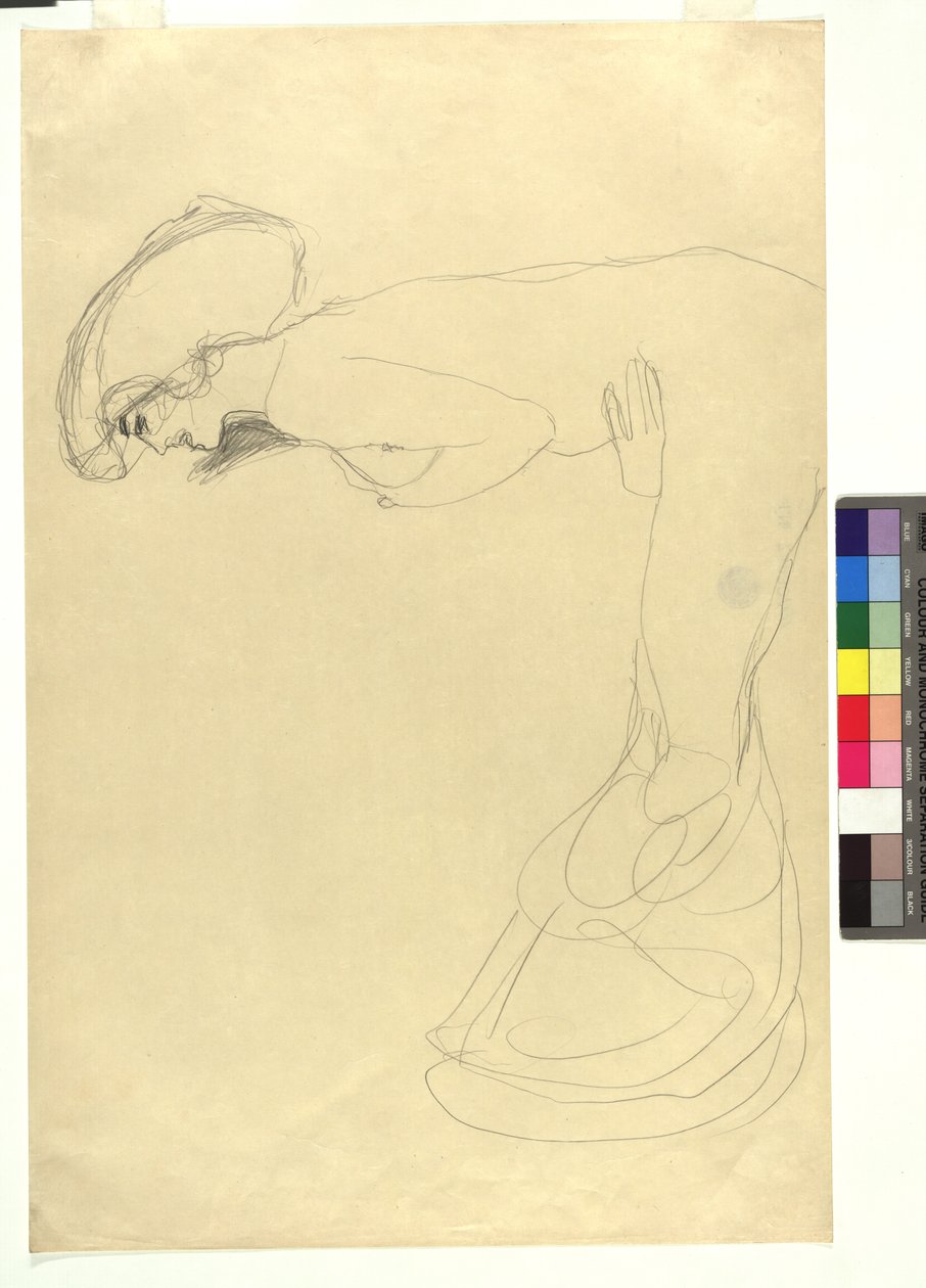Studie zu einer nach vorne gebeugten weiblichen Gestalt im Profil nach links door Gustav Klimt