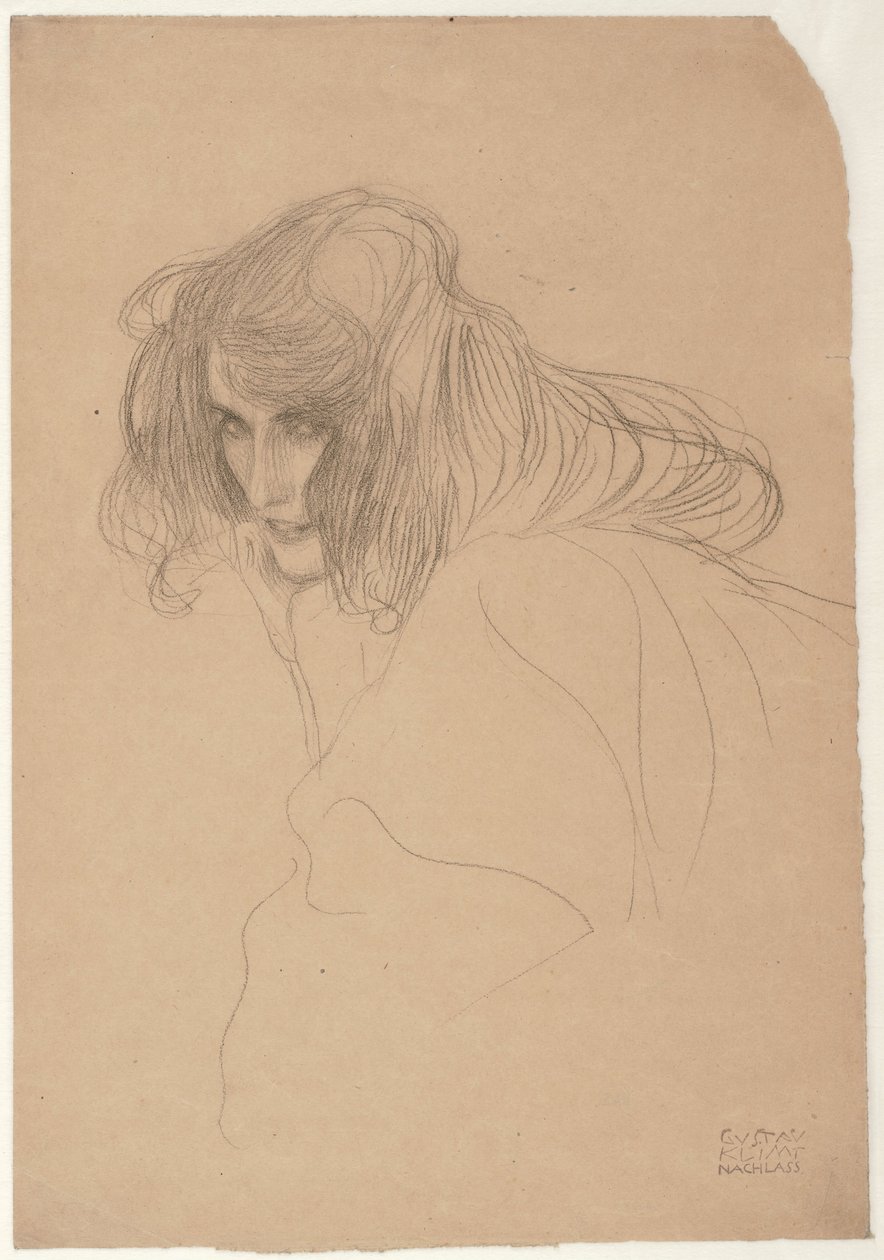 Studie van een Vrouwenhoofd in Driekwart Profiel (Studie voor Onkuisheid in de Beethoven Frieze), c.1901-02 door Gustav Klimt