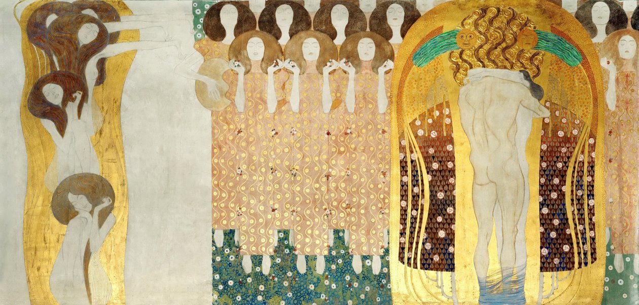 De Beethovenfries, Detail: De Kunsten, Koor van het Paradijs, Omhelzing, 1902 door Gustav Klimt
