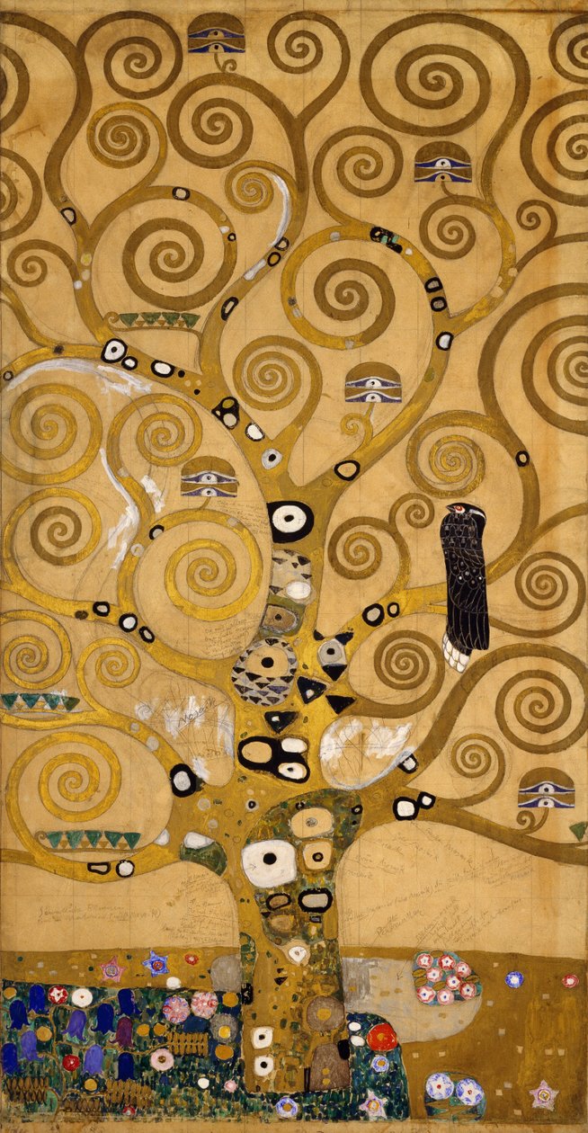 Levensboom (Stoclet Fries) detail van de linkerzijde, ca. 1905-09 (tempera & aquarel) door Gustav Klimt
