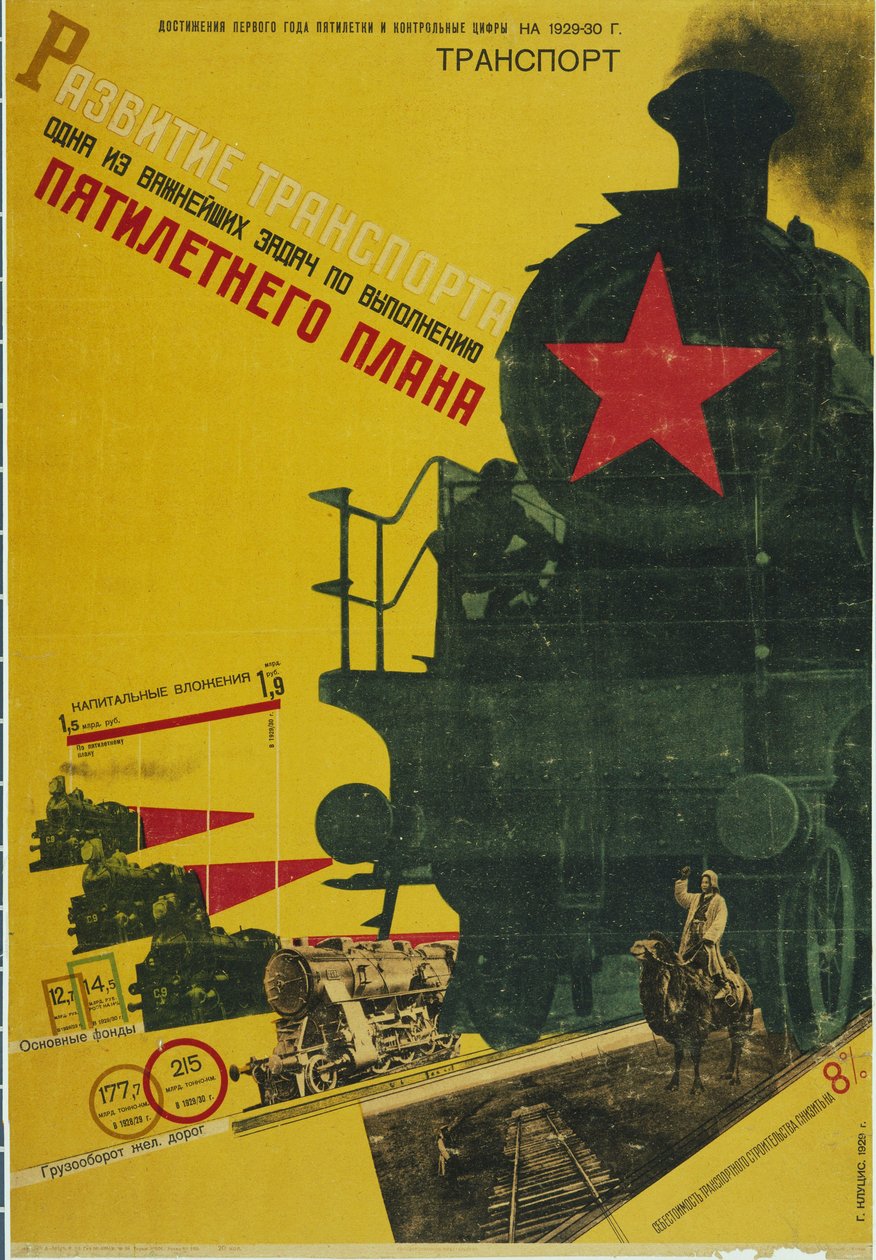 De ontwikkeling van transport, Het Vijfjarenplan Poster, 1929 door Gustav Klutsis
