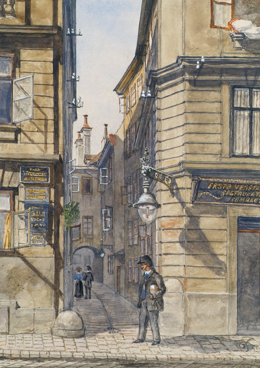 De Brunngasse met het eerste vegetarische restaurant in Wenen door Gustav Korompay