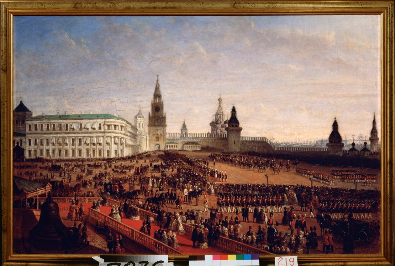 Militaire parade tijdens de kroning van keizer Alexander II in het Kremlin van Moskou, 18 februari 1855 door Gustav Schwarz