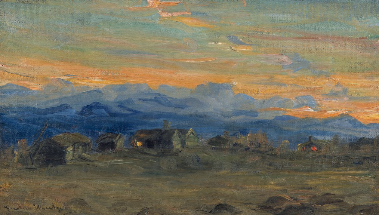 Bergboerderij in avondlicht door Gustav Wentzel